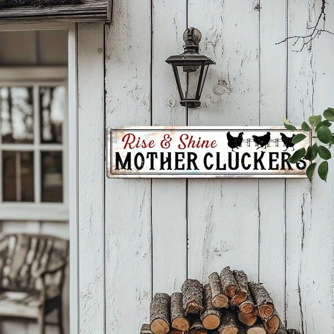 Rise & Shine Mother Cluckers Metal Tin Sign Farmhouse Wall Decor for Kitchen Farmhouse Entryway Living Room Bedroom 4x16 Inch