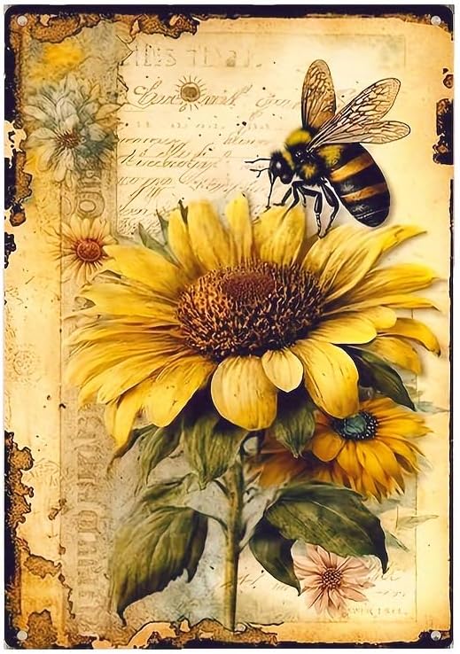 Bee Vintage Metal Tin Signs, Bee Sign 8x12 Inch, Wall Decor For Home Bedroom Living Room Dining Room Bars