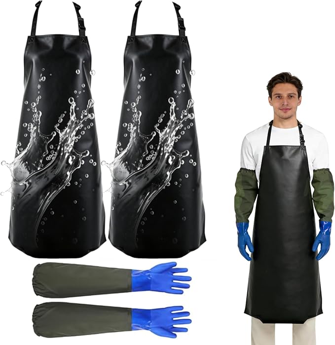 2 Pack Waterproof Rubber Vinyl Apron 40 Inch with 1 Pair Chemical Resistant Rubber Gloves(22 Inch),Heavy Duty Adjustable Dishwasher Apron,Work Aprons for Dishwashing, Cooking, Butcher, Lab, Gardening
