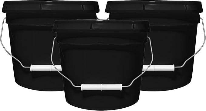 2-Gallon Bucket with Airtight Lid – Made in USA, Food Grade BPA Free Plastic, Heavy Duty Multi-Use, Metal Handle with Grip, Stackable Storage – Black, 3 Pack