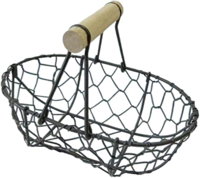 Wire Egg Basket with Wooden Handle Rustic Snack Basket Kitchen Storage Vintage Vegetables Basket for Farmhouse Decor- Black