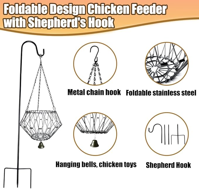 Hanging Chicken Feeder,Chicken Toys for Coop, Foldable Poultry Vegetable Fruits Feeder Basket with Shepherd's Hook, Veggie Treat Ball Boredom Toys for Chicken Coop