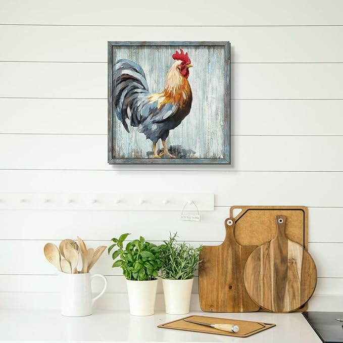 Rooster Wooden Wall Art Decor: Farm Cock Picture Country Animal Framed Artwork Rustic Farmhouse Chicken Painting is the Perfect Combination of Energy Nature for the Kitchen Bedroom 16"x16"