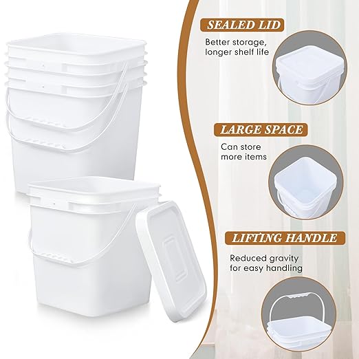 Mumufy 3 Pcs 3.5 Gallon Square Food Grade Bucket with Lid Square Bucket Pail Plastic Handles for Long Term Food Storage, Camping, Fishing, Home Organization Easy Stack and Store (White)