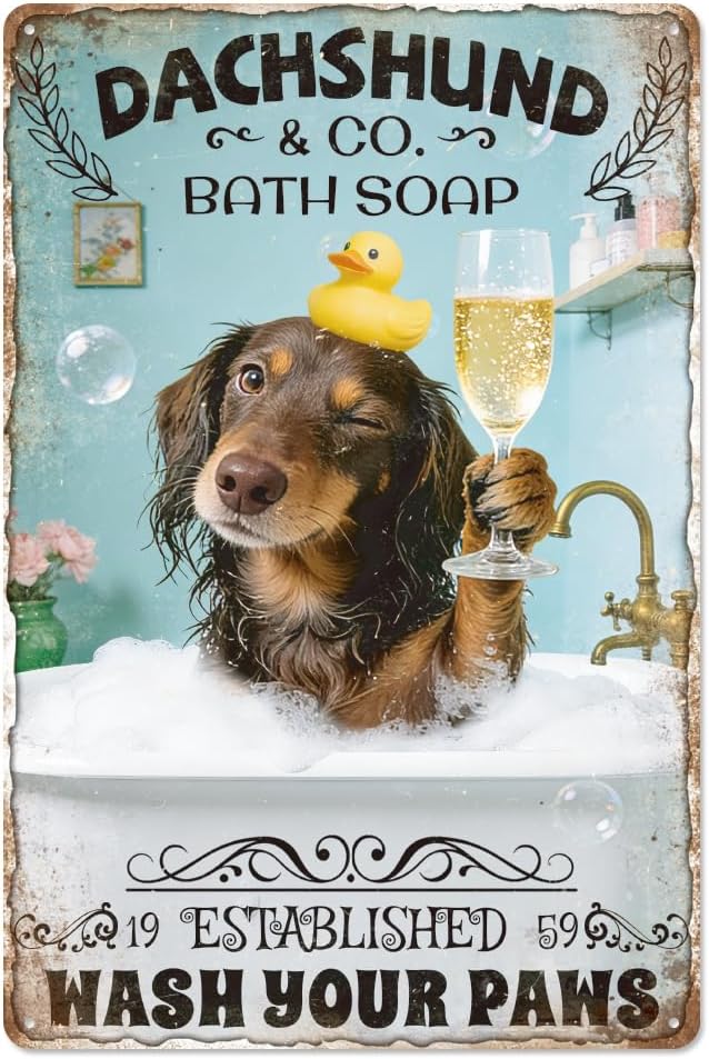 WADORN Funny Dachshund Metal Signs, 8x12 Inch Dachshund Company Bath Soap Always Wash Your Weiner Retro Tin Sign Vintage Wall Decor Art Plaque for Bathroom Toilet Restroom Shower Room Washroom