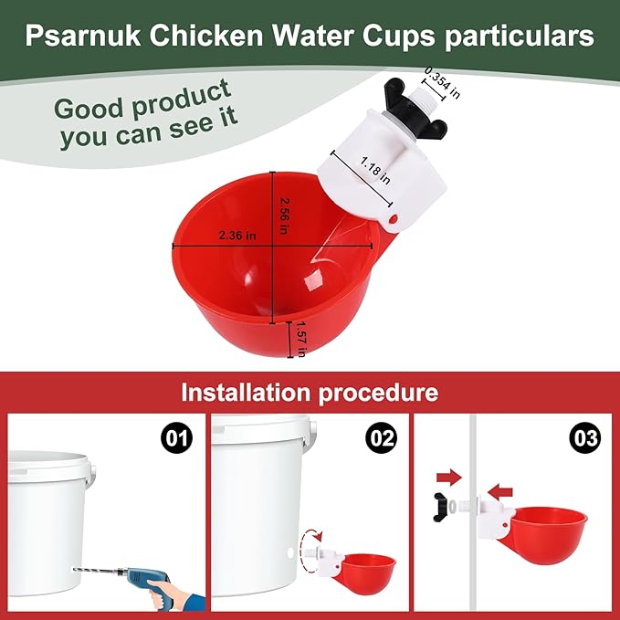 Chicken Waterer Cups (16 Pack/Red) - DIY Automatic Large Chicken Water Feeder for Ducks Quail and Various Poultry Dispenser with Matching Drill, Double Rubber Ring, Not Leaking Wate…