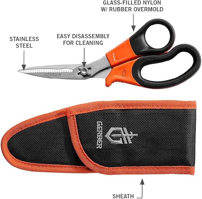Gerber Vital Take-A-Part Poultry Shears, Hunting Shears for Small Animals, Serrated Blades & Visual Orange Rubber Handle, 5.5”, Orange