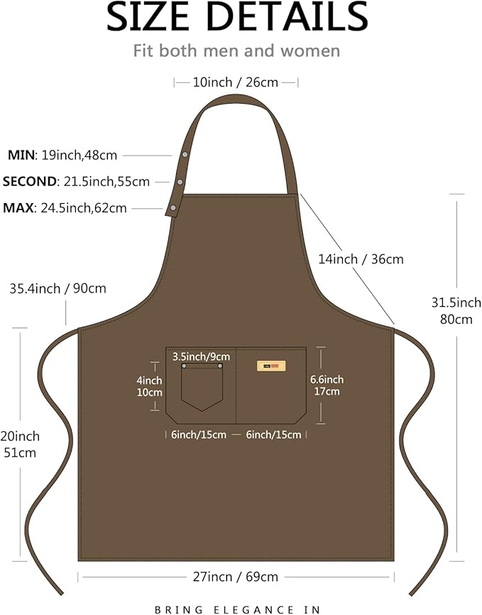 Adjustable Button Apron for Women Men Artist Painting Pottery Garden Cooking Kitchen Chef 3 Pockets Waterproof M-XXL