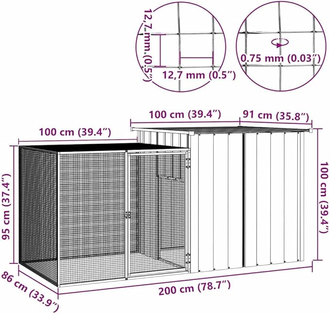 Chicken Coop Outdoor Poultry Cage, Galvanized Steel Walk-in Run for Hens, Ducks, and Rabbits, Weatherproof Large Animal Enclosure 78.7 x 35.8 x 39.4 in