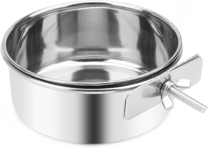 Pet Food Water Bowl with Clamp Holder Stainless Steel Coop Cup Hanging Feeder for Dog Bird Parrot Cat Rabbit (M)