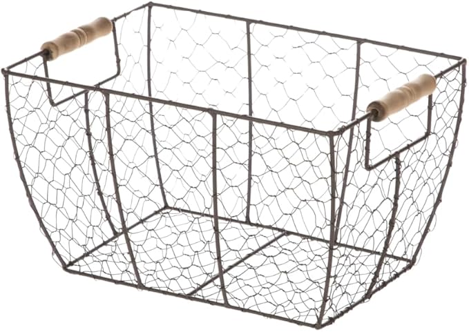SEDLAV Rustic Farmhouse Brown Wire Basket with Wooden Handles - Vintage Chicken Wire Storage, Kitchen Organizer, Decorative Handwoven Bin for Eggs, Country Style Home Decor