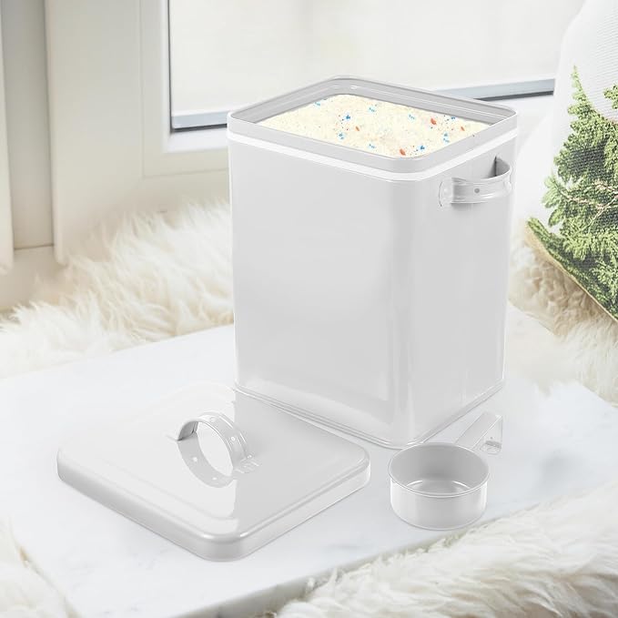 TEHAUX Iron Airtight Storage Bin for Pet Food and Laundry Powder, White Metal Kitchen Canister, Dry Food Container for Pantry and Grain Storage