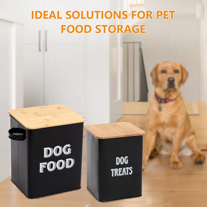 Dog Food Storage Container Farmhouse Pet Food Treats Bin with Lid and Scoop, Perfect Sturdy Canister Tins for Kitchen Countertop, Shelf, Great Gift for Pet Owners - Dog Food - Black
