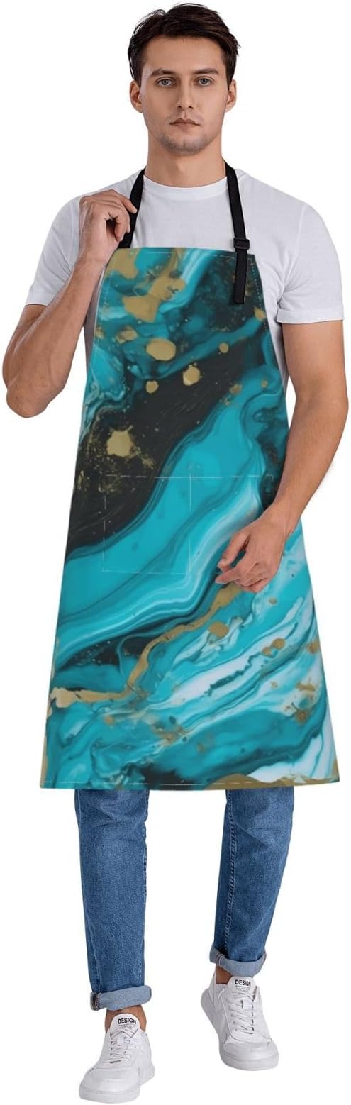 Aprons for Women with Pockets Waterproof Apron Adjustable Bib Turquoise Blue Gold Marble Apron Chef Apron