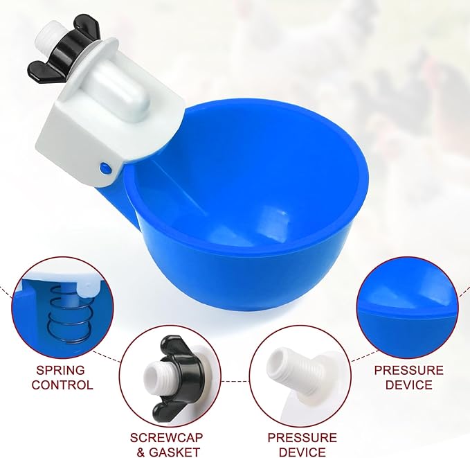 Chicken Waterer Cups, 8 Pack Blue Automatics Chicken Waterer, Professional Poultry Cups Suitable for Chicks, Duck, Goose, Turkey and Bunny Various Poultry, Compatible with Various Containers