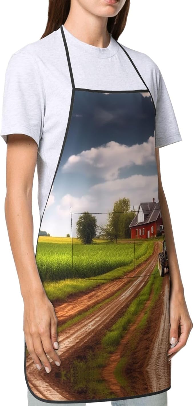 Kitchen Apron For Women Men Waterproof Heat Insulation Cooking Aprons Country Road With Farm And Tractor Bib Apron With Large Pockets For Chefs, Bbq, Baking, Gardening, Salon