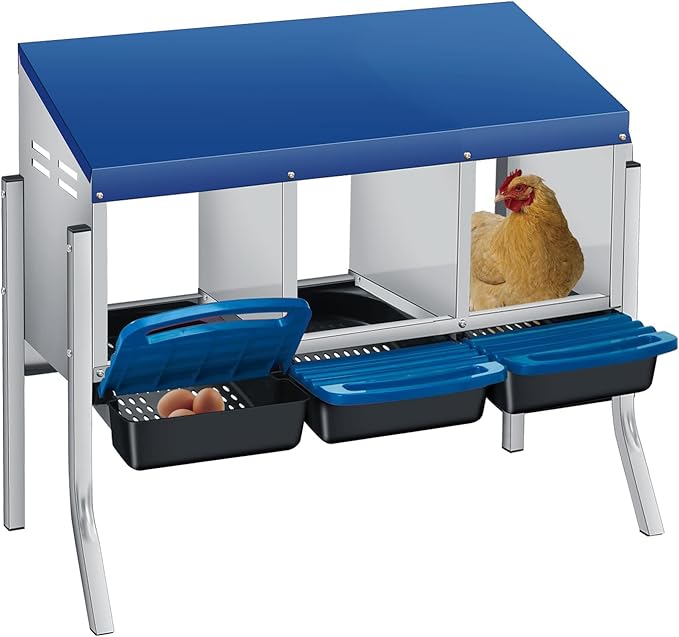 Heavy Duty 3-Hole Chicken Nesting Box with Stand & Rollout Tray – Easy Egg Collection, Wall-Mountable Poultry Coop Nesting Box with Lid Cover, Easy Assembly & Cleaning – Blue, Three Grids + Bracket