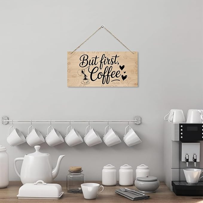But First Coffee Decorative Sign, Coffee Bar Wooden Hanging Decor Sign, Vintage Kitchen Decor, Retro Wood Grain Decoration, Rustic Wooden Signs for Kitchen Cafe Bar 12 x 6 Inches