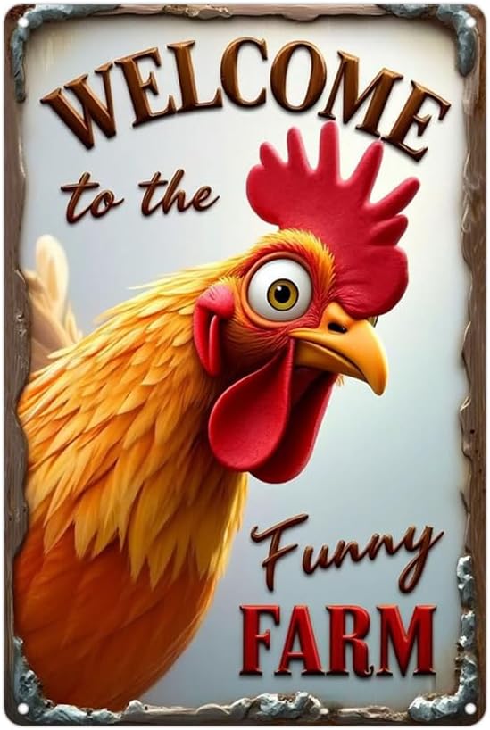 Welcome to The Funny Farm Rooster Metal Sign 8x12 Inch Grade Reflective Sheeting Rust Free Aluminum Easy to Mount Pre-Drilled Holes Decor for Farm Chicken Coop Kitchen Backyard.