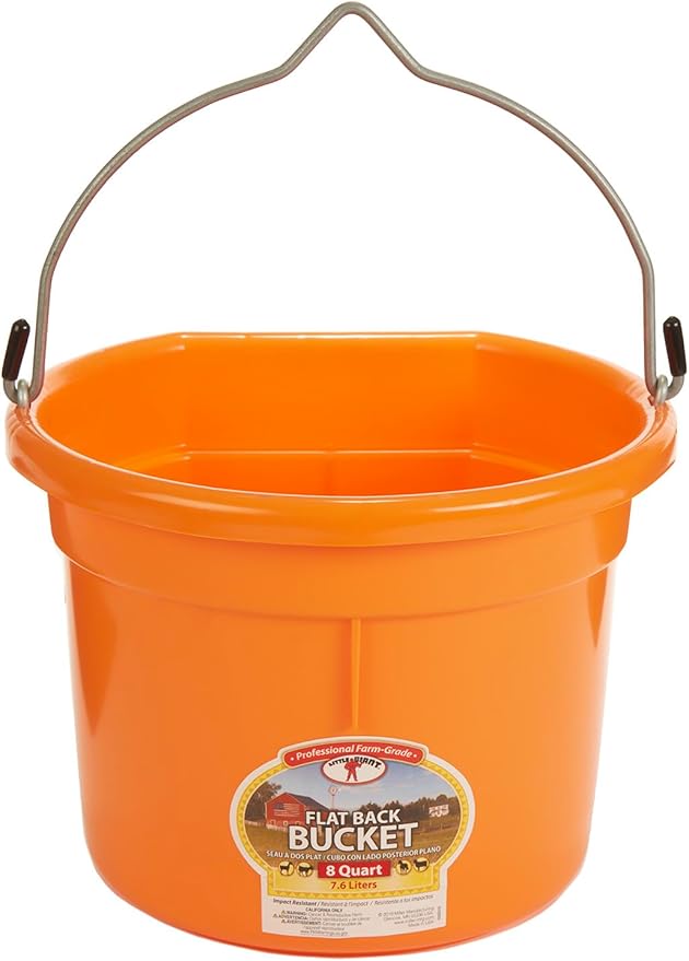 Little Giant® Flat Back Plastic Animal Feed Bucket | Animal Water and Feed Bucket with Metal Handle | 8 Quarts | Orange