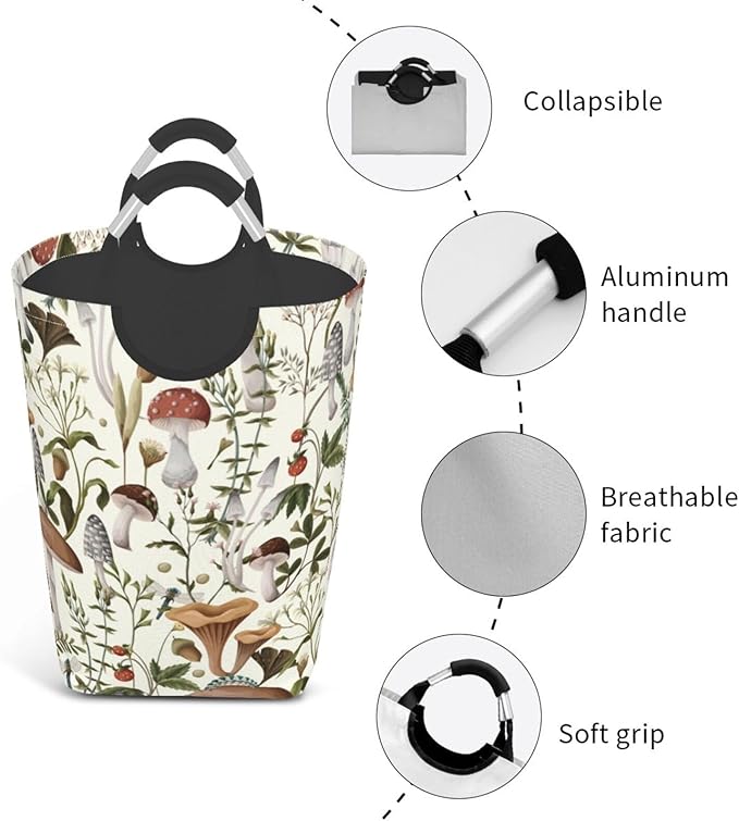 Mushrooms Berries Laundry Basket Green Plants Foldable Laundry Hamper Collapsible Laundry Baskets with Handles Clothes Hamper Laundry Tote Bag for Dorm Family Storage Bin 50L