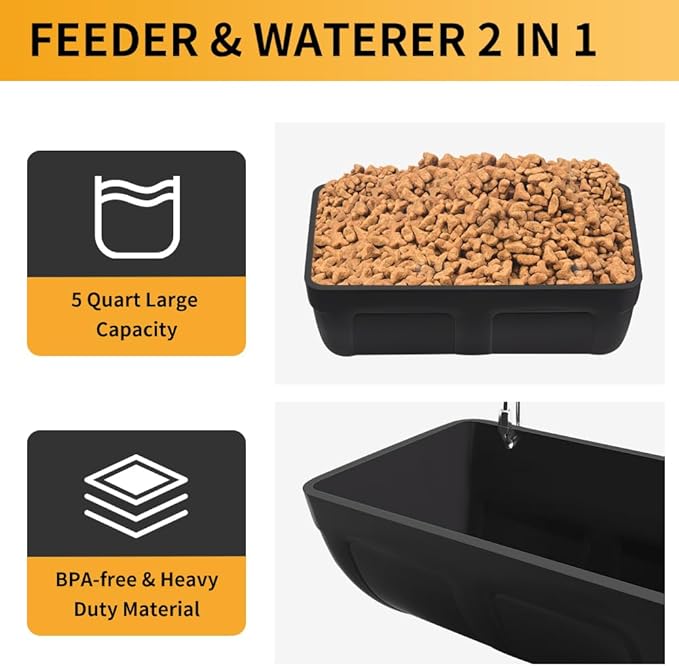Hanging Chicken Feeder Trough and Goat Feeder, Sheep Deer Poultry Dogs Deers Gooses Duck Fence, 5 Quart Feeder Supplies Livestock Feeding Container Supplies Feeders Waterer Bucket, 3pack Black