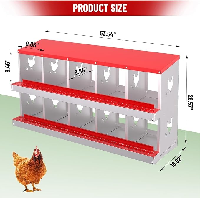Chicken Nesting Box, Heavy-Duty Metal Chickens Laying Boxes with 10 Compartments, Large Vented Holes Hens Laying Box, Chicken Coop with Rollout Egg Collection, Wall Mount - Red