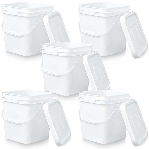 Mumufy 5 Pcs 3.5 Gallon Square Food Grade Bucket with Lid Square Bucket Pail Plastic Handles for Long Term Food Storage, Camping, Fishing, Home Organization Easy Stack and Store (White)