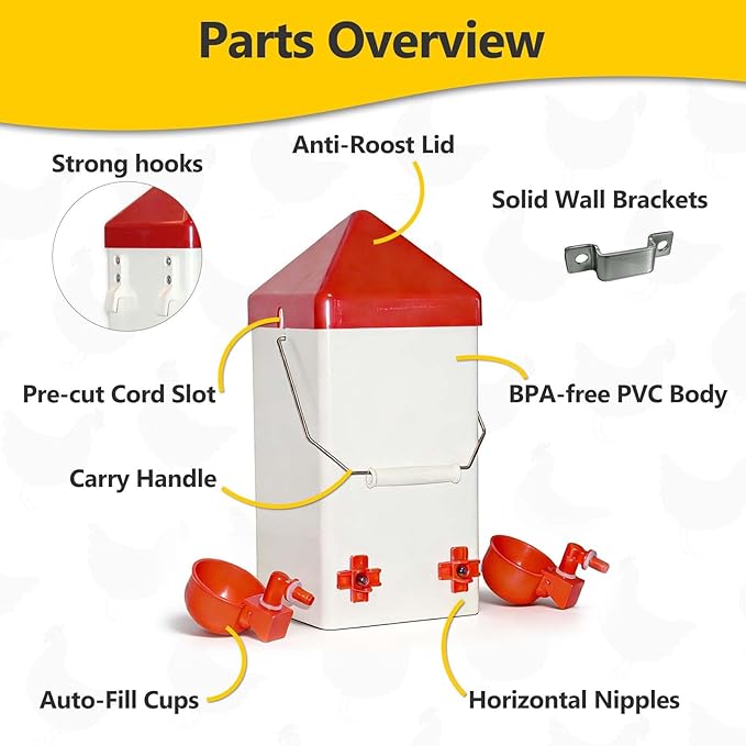 Hanging Chicken Waterer, 1 Gallon PVC Chicken Waterer with 2 Auto-Fill Cups & Horizontal Nipples, Hooks for 15mm×15mm+ Mesh, Suitable for Chicks, Chickens, Quail, Pigeons & Gamebirds