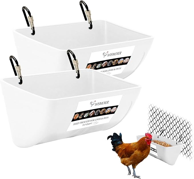 2 Pack Chicken Feeder Trough with Clips Fence Hanging Goat Feeders Hanging Feeders for Livestock,Horse Chicken Deer Goose,Pig Chicken Feed Trough Bucket Feeding Container