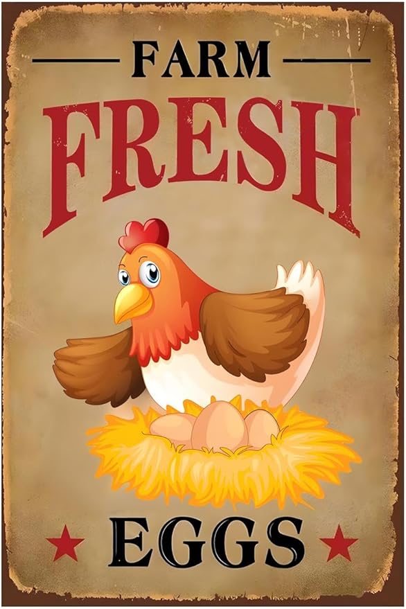Funny Chicken Sign, Metal Chicken Coop Tin Signs, Farm Fresh Eggs Smile Chicken, Yard Sign Garage Farm Garden Wall Decor Sign Plaque Outdoor for Home Fence 8 X 12 Inches