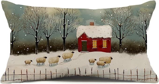 Christmas Sheep Pillow Cover 12x20 Inch Sheep Red Wonderland Forest Tree Decoration Holiday Farmhouse Pillow Case Decor for Home Sofa Couch