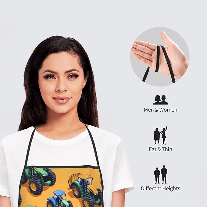 Chef Aprons for Men and Women - Vintage Tractors Green Print Oil-Resistant Bib Aprons for Cooking or Kitchen BBQ Grilling