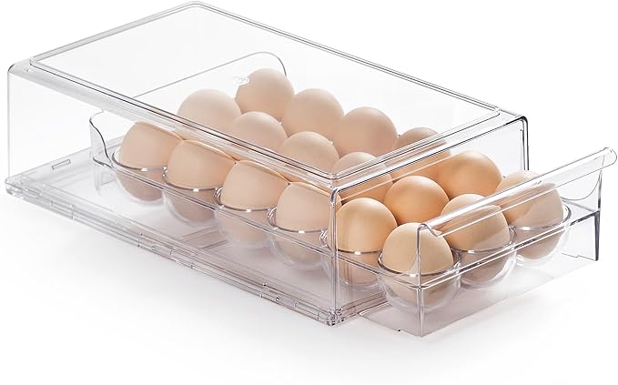 Egg Container for Refrigerator, Stackable Egg Holder, Drawer Type Egg Organizer Holds 18 Eggs – Transparent