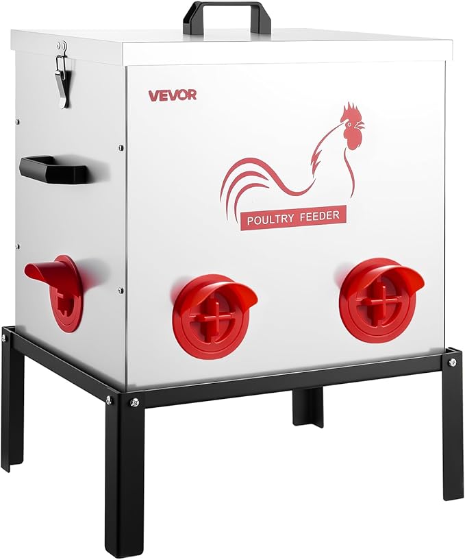 VEVOR Automatic Chicken Feeder, 50 lbs Capacity, 6 Feeding Ports No-Waste Poultry Feeder with Built-in Divider, with Latch & Handle, Metal Construction, for Chickens Bantams Pheasants Poultry Coop