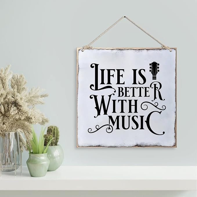 Distressed Look Wood Sign Life is Better with Music Rustic Farmhouse Wooden Sign with Quote Retro Wooden Art Plaque Vintage Wall Hanging Wall Decor for Porch Room House Home Decor Gift for Music Lover