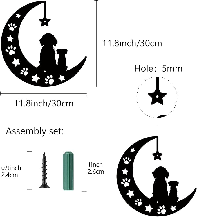 CREATCABIN Metal Moon Wall Decor Black Dog Wall Art Silhouette Pet Paw Print Minimalist Wall Sculpture Statues Hanging Decoration for Farmhouse Garden Balcony Ornament Dog Lovers Gift 11.8 x 11.8 Inch