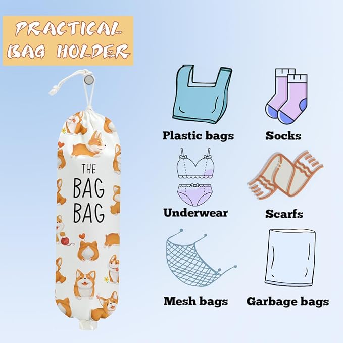 Dog Plastic Bag Holder, Wall Mount Grocery Bag Holder for Plastic Storage bag, Washable Storage Organizer Reusable Grocery Bags, Pull Rope Free Adjustment, Dog Lovers Gifts for Women