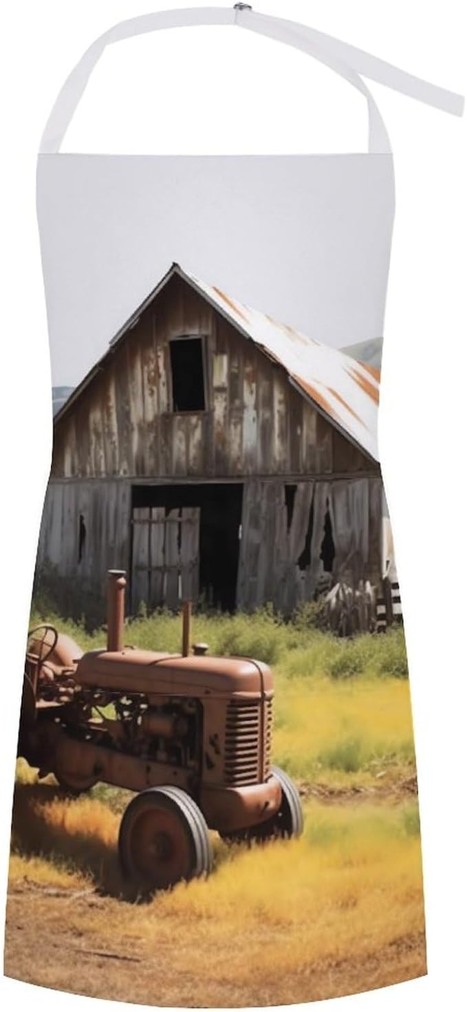 Old Wooden Barn Tractor Apron For Men Women,Waterproof Adjustable Kitchen Aprons With Big Pocket, Work Aprons For Cooking Gardening Server Waitress Maid