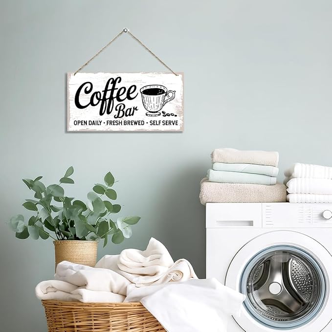 Coffee Bar Decor Sign, Fresh Brewed Coffee Bar Open Daily Self Serve, Hanging Decors for Kitchen Wall, Vintage Kitchen Decor, Cafe Decoration with Rope Hanging 12 x 6 Inches