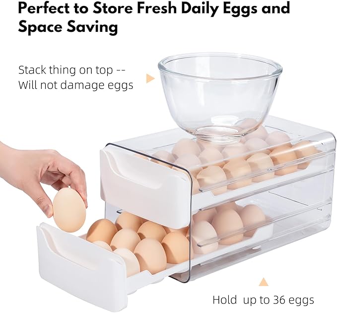 Egg Storage for Refrigerator, Egg Holder for Kitchen Countertop, PET & PP Egg Container for Fridge, Egg Dispenser for 36 Eggs, Double Layer, 18 Eggs per Layer (White)