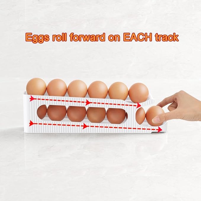 Sotfamily Egg Holder for Fridge, 2 Tiers Auto Rolling Egg Storage Organizer for Refrigerator, Slim Space Saving Container, Dispenser - Egg Roller for Eggs 12 Count