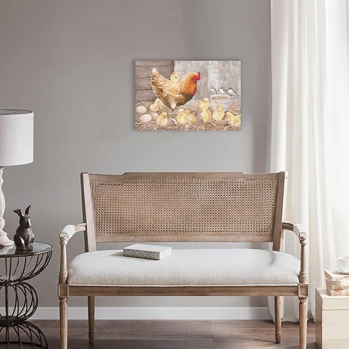 Farmhouse Wall Art Rooster Print: Hen Painting Small Born Chicks Picture Barnyard Birds Vintage Wood Framed Canvas Artwork for Kitchen Decor Easy Hanging (16"x24"x1 Panel)