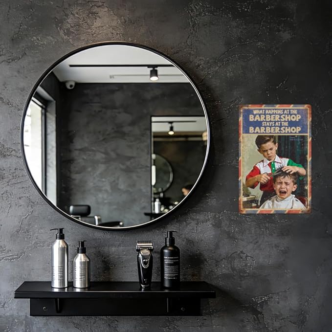 WADORN Funny Barbershop Tin Sign, 8x12 Inch What Happens At The Barbershop Retro Tin Sign Friends Vintage Barber Shop Metal Wall Art Decor Plaque for Home Barber Haircut House Salons