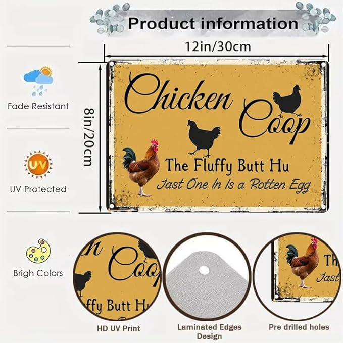Chicken Coop Outdoor Decor with Fluffy Butt Hut Design 12x8 Inch Tin Sign for Yard Farmhouse Poultry Lovers