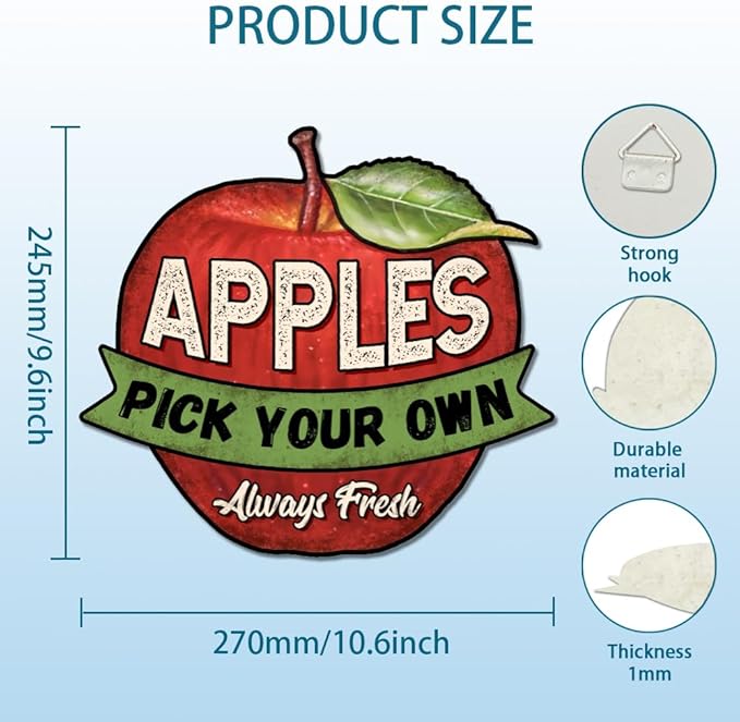 GLOBLELAND Vintage Metal Apple Shape Tin Sign 10.6x9.6inch "Apples Always Fresh Pick Your Own" Retro Plaque Poster Metal Wall Decorative Tin Signs for Home Kitchen Restaurant Coffee Shop Club Bar