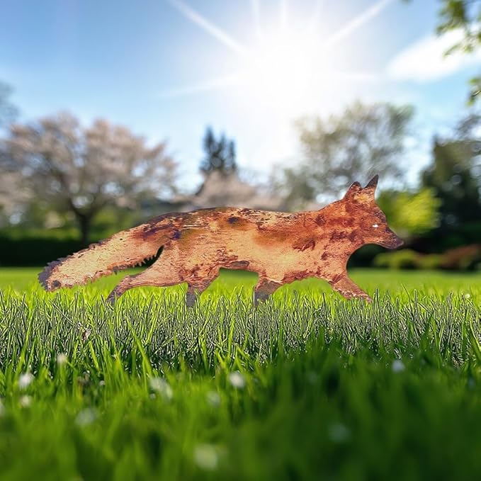 CREATCABIN Metal Fox Outdoor Decor Fox Garden Stakes Rustic 3D Sneaky Animal Art Sculptures Figures Decoration for Patio Lawn Yard Backyard Art Decoration Housewarming Chocolate Color 8 x 15 inch