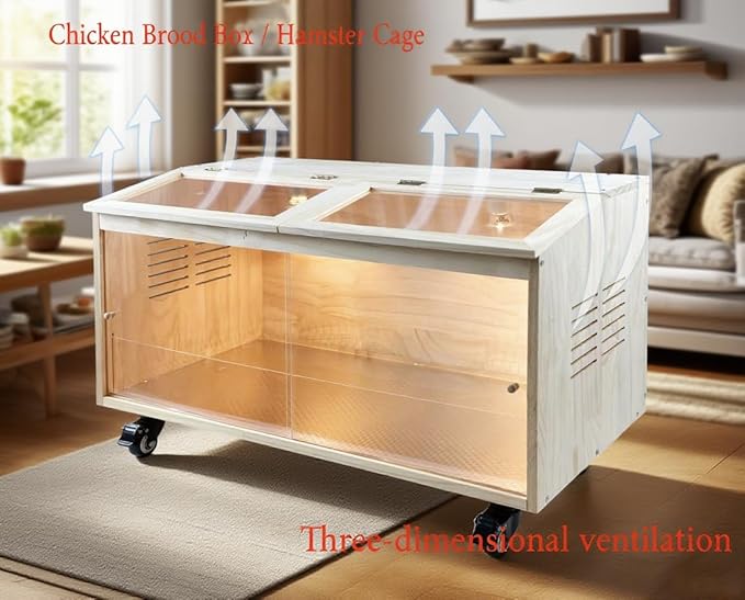 Brooder Box for Chicks Pine Wood Chicken brooder Box with Thermostat & Heating Lamp & Brake Casters， Solid Panels Chick brooder for Chicks, Ducklings, Hamsters, Guinea Pigs - Chew-Proof(32x16x16 in)