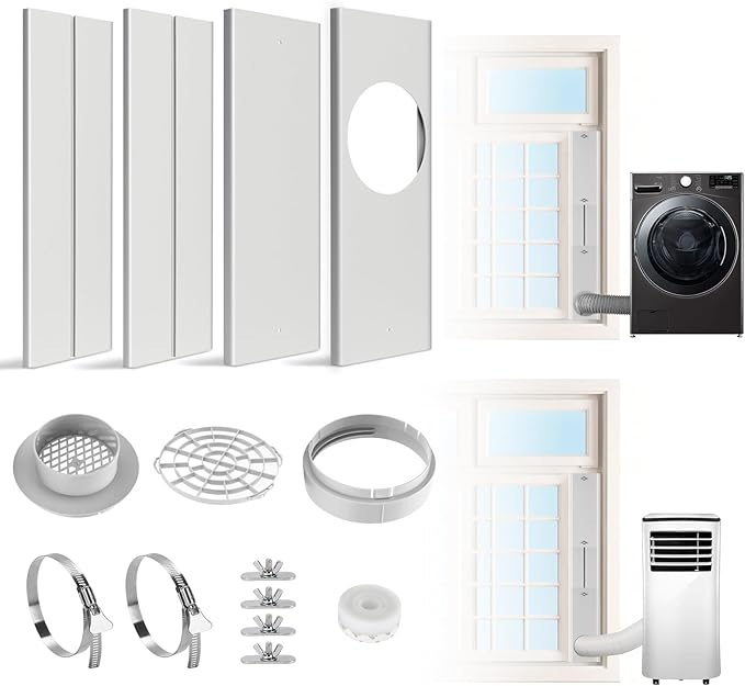 HOXHA Window Duct Kit Dryer Window Vent Kit AC Window kit, Fit with 4” Dryer Ducting & 5.9” AC Hose, Vent Kit Fit for Dryer, Portable AC, Inline Duct Fans, Grow Tents