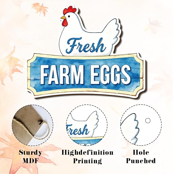 Farmhouse Kitchen Wall Decor, Fresh Farm Eggs Chicken Sign, Rustic Wood Hanging Plaque, Watercolor Farmhouse Wall Art Painting Style, Country Rustic Wall Decor for Home, 11.8x9.2 Inches